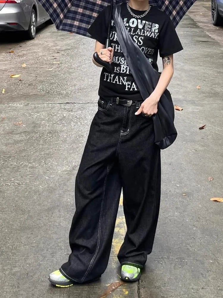 Gidyq Vintage Embroidery Jeans Women Y2K Black Oversized Streetwear Grunge Baggy Denim Trousers Boyfriend Jeans Hip Hop Gothic