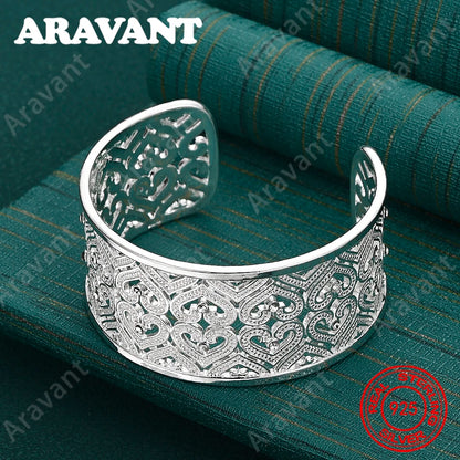 925 Sterling Silver Openwork Heart-Shaped Bangle For Women - Vintage Elegance And Noble Party Jewelry