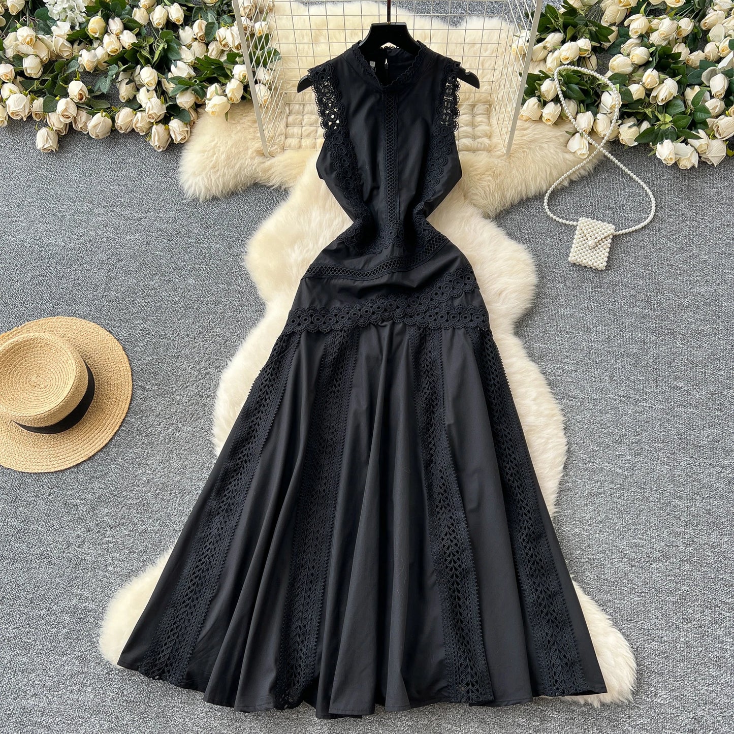 Elegant Women's Sleeveless midi dress Slim 2025 Summer Sky blue Lace patchwork dresses Luxury Black White Vestidos INKEO 5D069