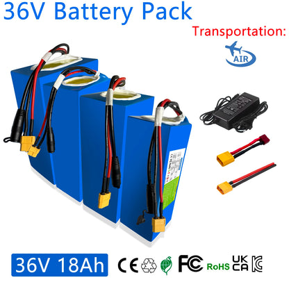 36V 18AH 15AH 12AH 9AH Rechargeable Lithium Battery Pack 100-1300W Electric Motorcycle Scooter Bicycle with BMS Battery Pack
