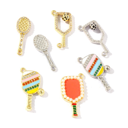 2 Pcs Brass Sport Charms Multicolor Racket Pickleball Paddle Badminton Racket Cubic Zirconia Pendants For DIY Necklace Making