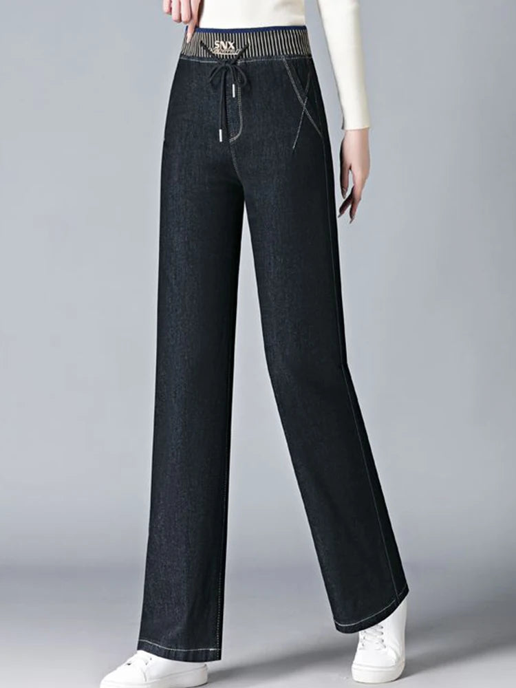 Elastic High Waist Baggy Straight Jeans Winter Warm Thicken Velvet Lined Wide Leg Denim Pants Women Casual Vintage Vaqueros New