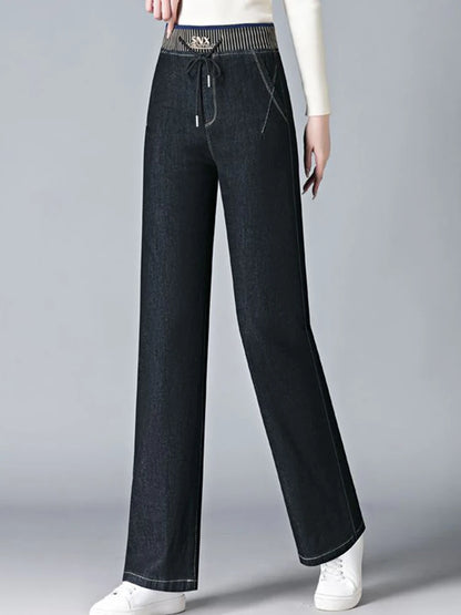 Elastic High Waist Baggy Straight Jeans Winter Warm Thicken Velvet Lined Wide Leg Denim Pants Women Casual Vintage Vaqueros New