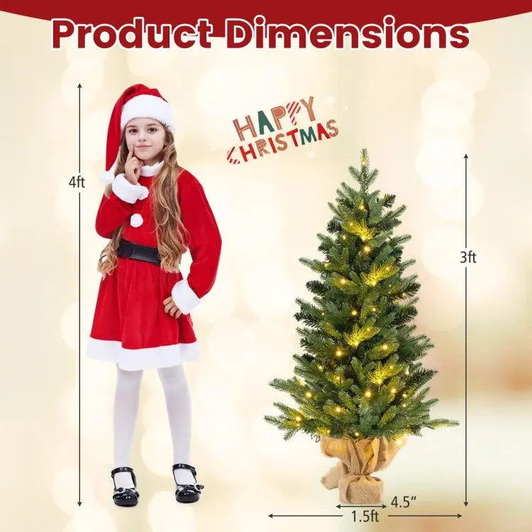 Mini 3-Foot Pre-Lit Artificial Christmas Tree with Burlap Base for Tabletop Xmas Decorations