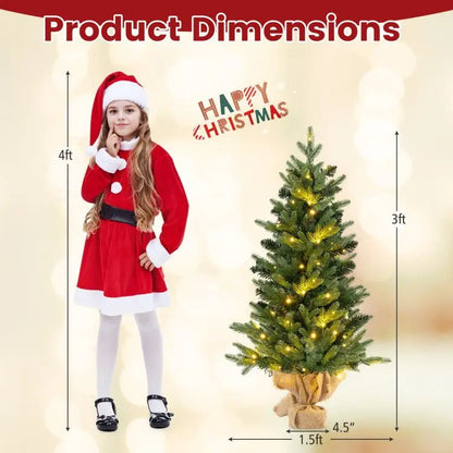 Mini 3-Foot Pre-Lit Artificial Christmas Tree with Burlap Base for Tabletop Xmas Decorations