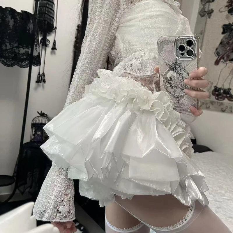 2025 Sweet Elastic Waist New Short Skirt Women Summer Chic White Ruffle Cake Skirts Female Fashion Casual Pretty Princess Skirt