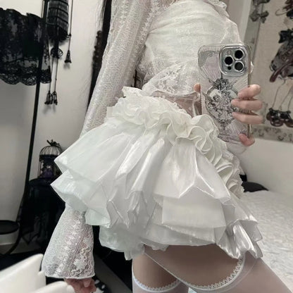 2025 Sweet Elastic Waist New Short Skirt Women Summer Chic White Ruffle Cake Skirts Female Fashion Casual Pretty Princess Skirt