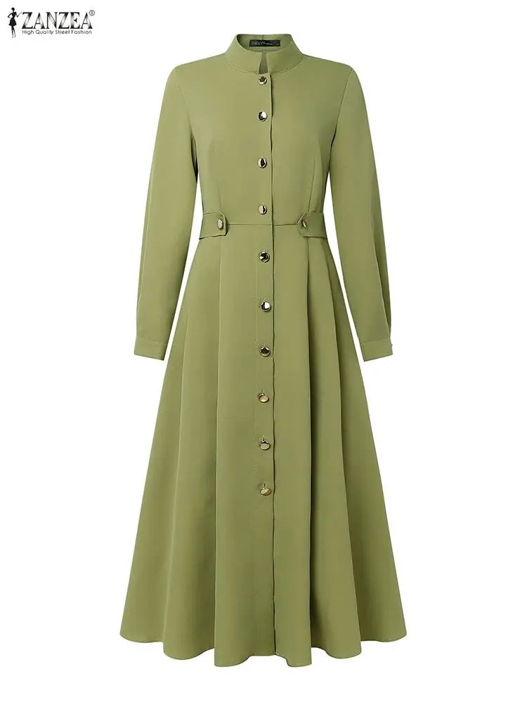 Women's Elegant A-Line Midi Dresses ZANZEA Casual Mock Neck Long Sleeve Button Up Long Dress 2025 Autumn Woman Clothing S-3XL