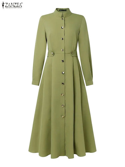 Women's Elegant A-Line Midi Dresses ZANZEA Casual Mock Neck Long Sleeve Button Up Long Dress 2025 Autumn Woman Clothing S-3XL