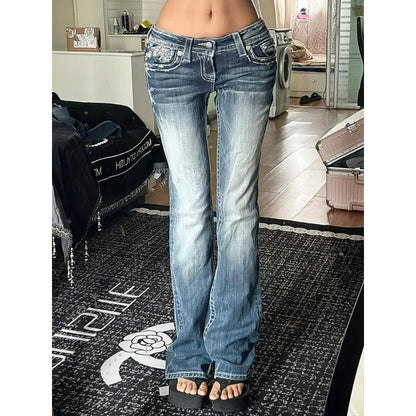 Women Slim Fit Personalized Cross Embroidered Jeans American Style Y2k Millennial Spicy Girl Low Waist Design Floor Length Pants