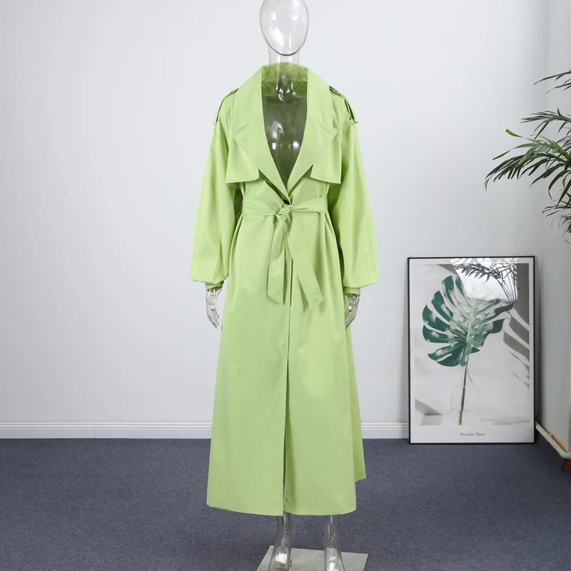 Chic Women's Long Trench Coat Stylish Stand Collar Belted Loose Windbreaker Outerwear Autumn New Dark Green Maxi Overcoat Outfit