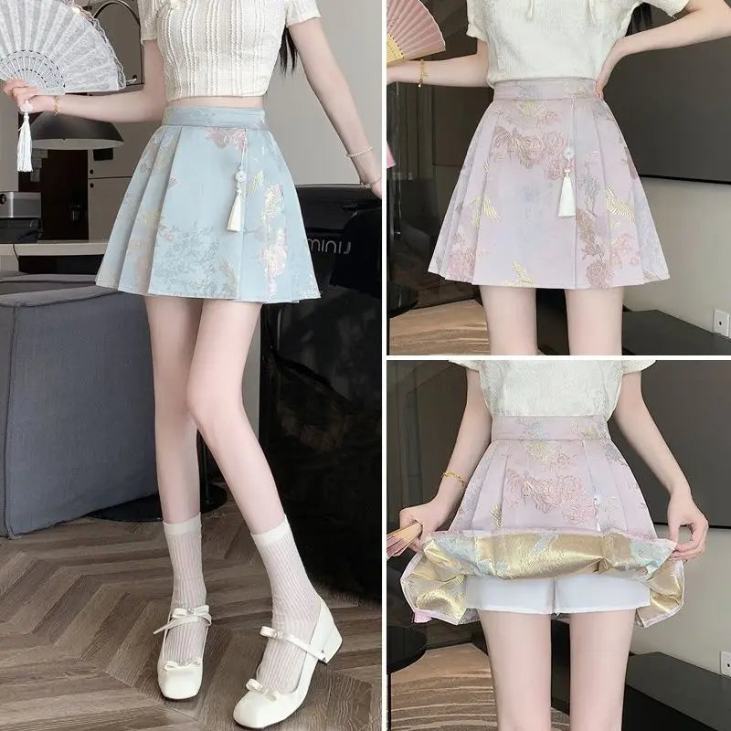 New Chinese Style Jacquard Embroidered Pleated Skirt for Women 2025SS High Waist Slim Anti-exposure A-line Girl Short Half Dress
