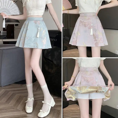 New Chinese Style Jacquard Embroidered Pleated Skirt for Women 2025SS High Waist Slim Anti-exposure A-line Girl Short Half Dress