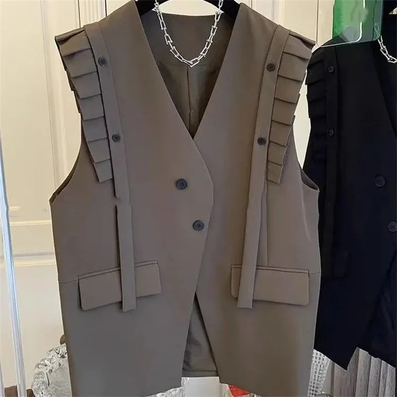 New Vest Coat Female Spring Autumn Temperament Wood Ear Splicing Suit Sleeveless Jacket Women Loose Casual Waistcoat Tops Ladies