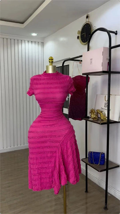 Women Short Sleeve 2025 New High Neck Big Swing Elastic Dress Sweet Elegant Sexy Birthday Night Party Vestidos Event Dresses