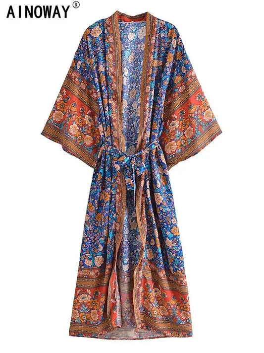 Vintage Chic Women Multi Floral Print Sashes Beach Bohemian Kimono Ladies V Neck Batwing Sleeves Maxi Robe Boho Bikini Cover-ups