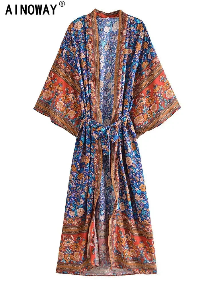 Vintage Chic Women Multi Floral Print Sashes Beach Bohemian Kimono Ladies V Neck Batwing Sleeves Maxi Robe Boho Bikini Cover-ups
