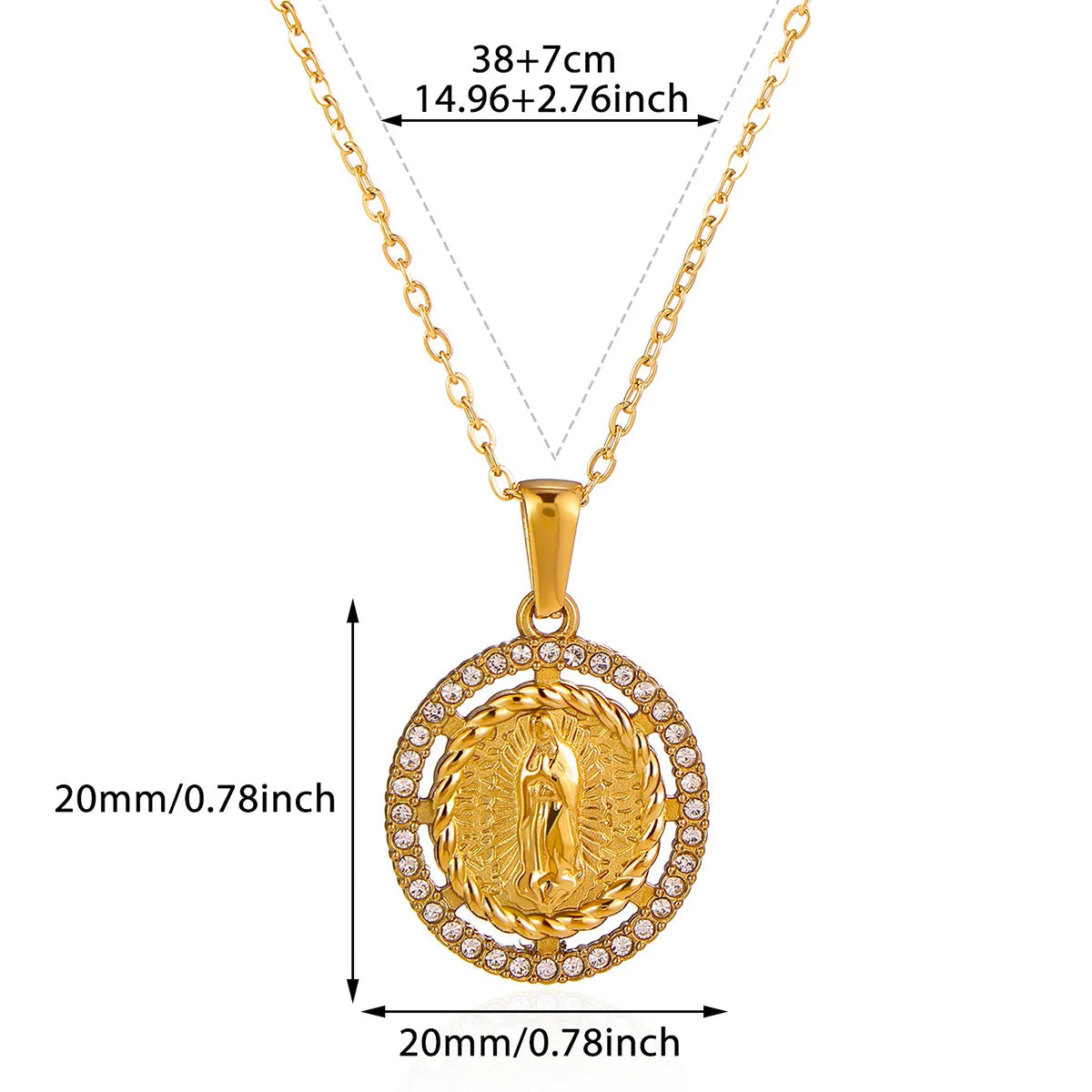 Virgin Mary Pendant With Diamonds Necklace For Women Gold Color Medal Charm Stainless Steel Religious Punk Jewelry Easter Gift