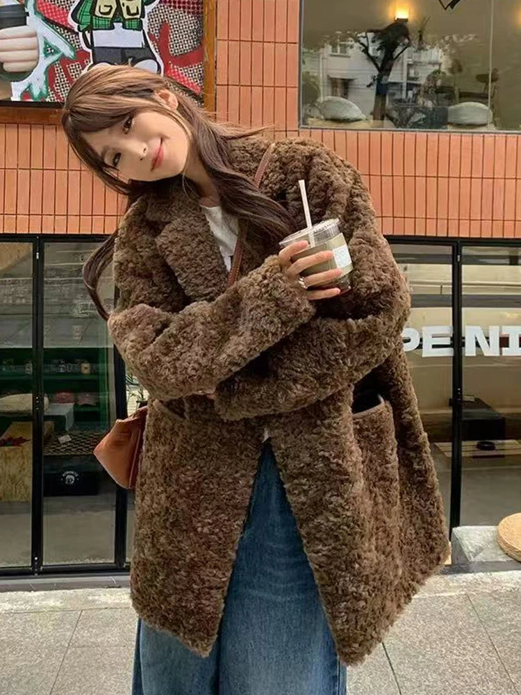 Autumn Faux Lambs Women Coats Y2K Winter Plush Thick Warm A Button Casual Jacket Korean Streetwear All Match Hairy Outerwear