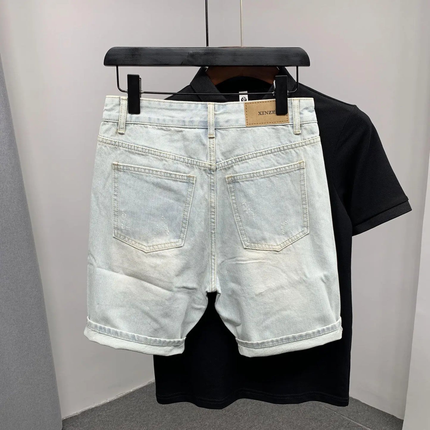New 2025 Beggar Cat Whisker Big Hole Popular Pants Men's Summer Trendy Brand Washed Blue Denim Shorts Streetwear Ripped Jeans