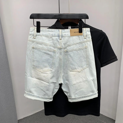 New 2025 Beggar Cat Whisker Big Hole Popular Pants Men's Summer Trendy Brand Washed Blue Denim Shorts Streetwear Ripped Jeans