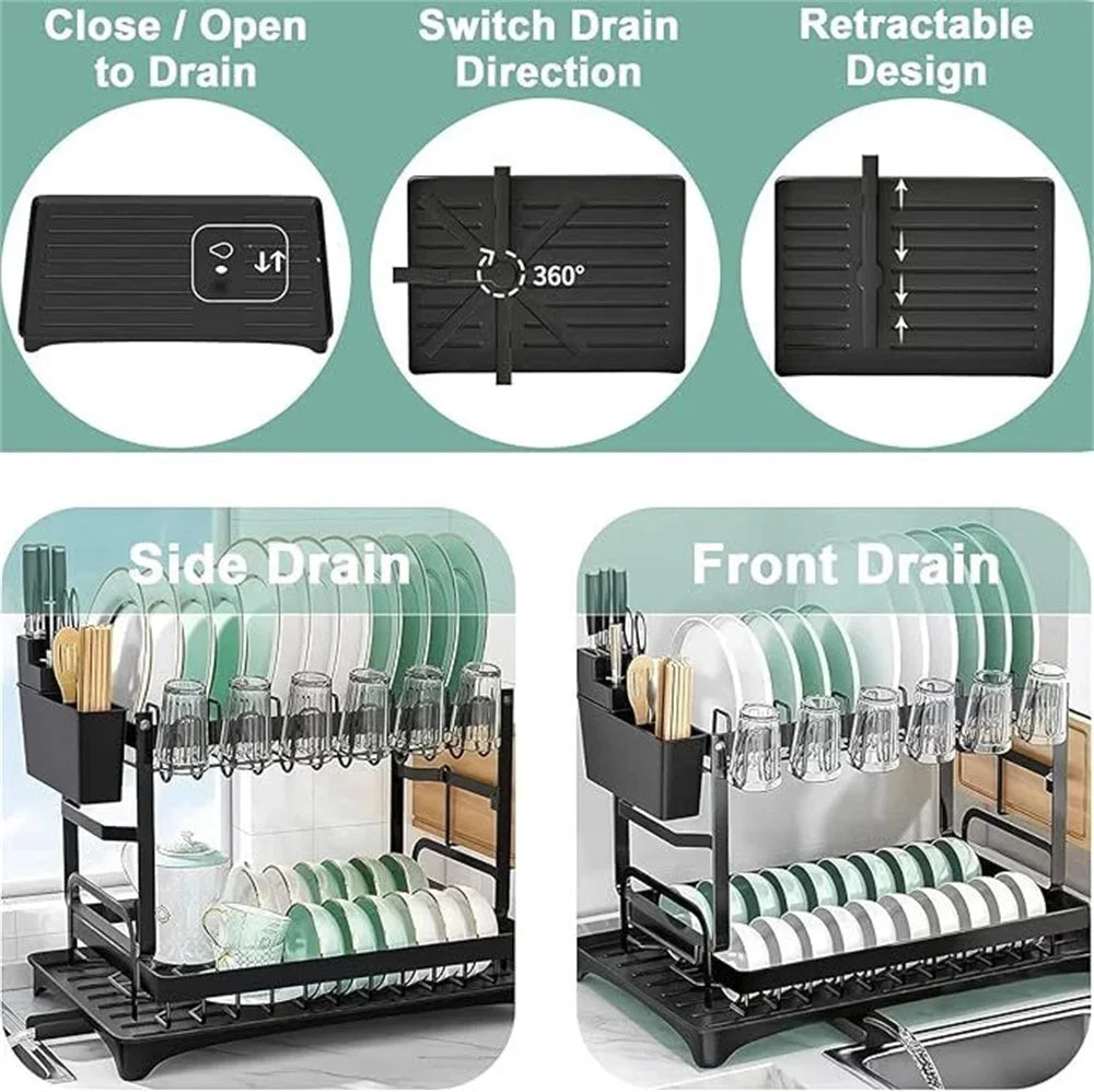 2-Tier Dishs Drying Rack - Rustproof Multifunctional Dish Racks with Drainboard, Space-Saving Design, Utensil & Cup Holder