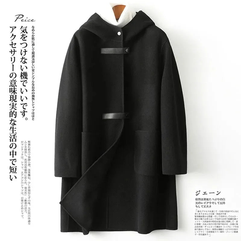 New Fashion Hooded Double-sided POLYESTER Coat Women Autumn Winter Double-sided Woolen Windbreakers Temperament Slim Wool Coats