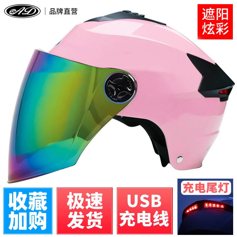 Motorcycle Helmets With Led Lights Moped Helmet Electric Scooter for Men Women With Double Visor Rechargeable Bicycle Light Bike