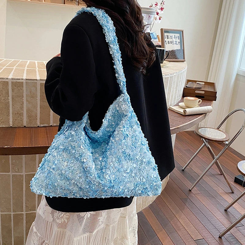 Fashion Sparkly Sequin Sweet Tote Bag for Women Casual Glitter Shopper Shoulder Bag for Party Large Capacity Youth Shiny Handbag