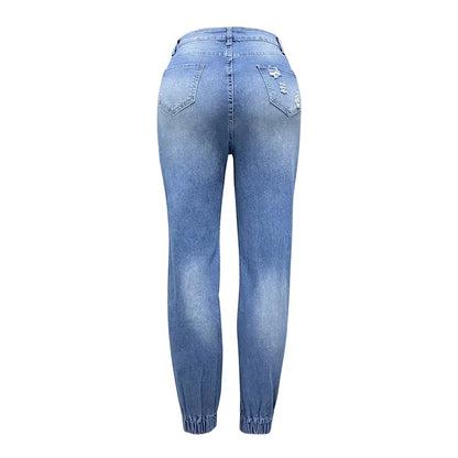 Women Trend Letter Print Pencil Jeans Stretch Drawstring Trousers Slim Denim Pants Female Fashion Casual Broken Holes Streetwear