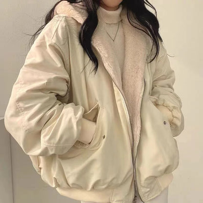 Faux Fur Coats Women American Vintage Jackets  Long Sleeve Hooded Office Lady Trench Winter Clothes Y2k Grey Jackets Streetwear