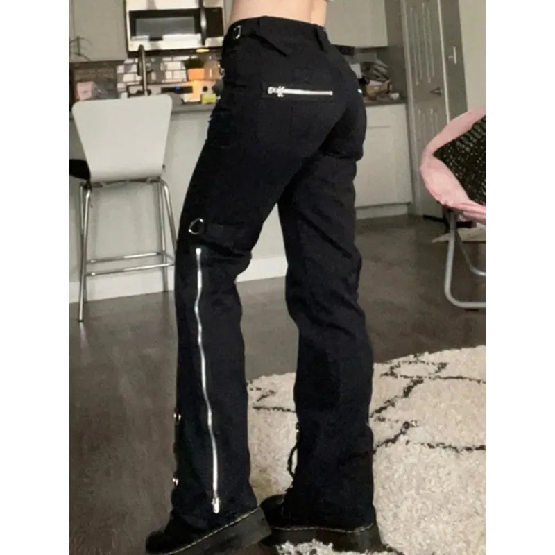 Women's Low Waist Emo Jeans, Dark Punk Jeans, Y2k Grunge,Mall Gothic, Black Patchwork, Electro Pants, Fashion Streetwear, Alt Cl