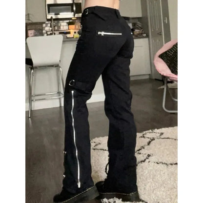 Women's Low Waist Emo Jeans, Dark Punk Jeans, Y2k Grunge,Mall Gothic, Black Patchwork, Electro Pants, Fashion Streetwear, Alt Cl
