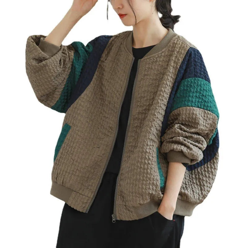 Johnature 2025 Autumn And Winter Woman New Fashion Loose Zipper O-Neck Jacket Splicing Long Sleeves Contrast Casual Jacket