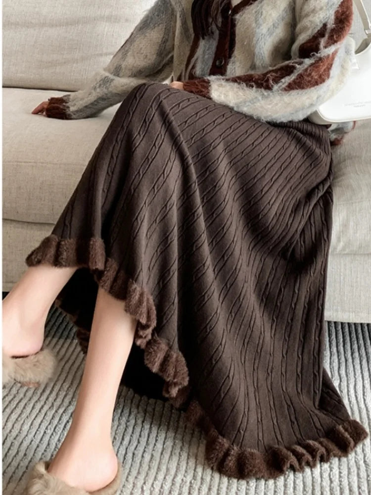 SMTHMA Mink Fur Skirt For Women's 2026 New Autumn Winter Elastic High Waist Knitted Skirt Ladies Mid Ruffle Pleated Skirt