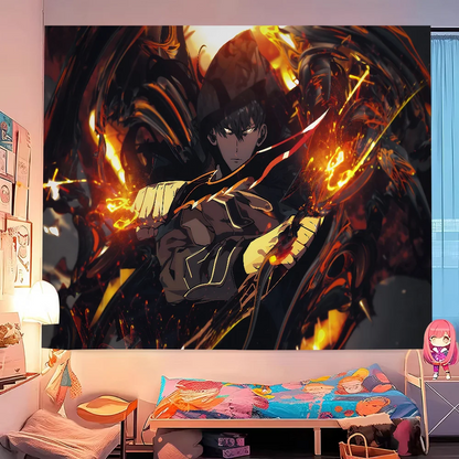 Solo Leveling Anime Cartoon Tapestry Art Science Fiction Room Home Decor Wall Hanging Home Decor