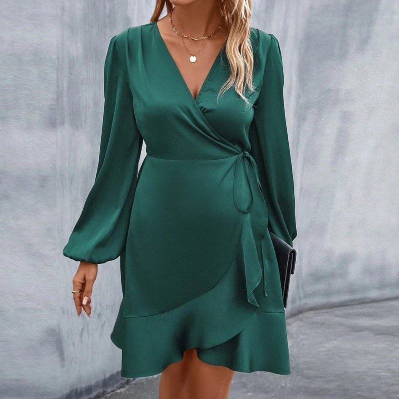 Fashion Women Satin Mini Dress Boho Vintage V Neck Button Shirt Dresses For Women Casual Office Dress 2023