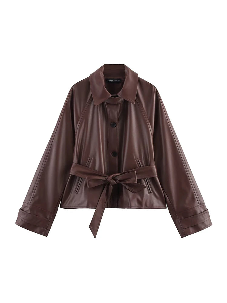 KONDALA Women Stylish Imitation Leather Short Trench Coat With Belt 2025 New Spring Fall Fashion Commuter High Street Jacket