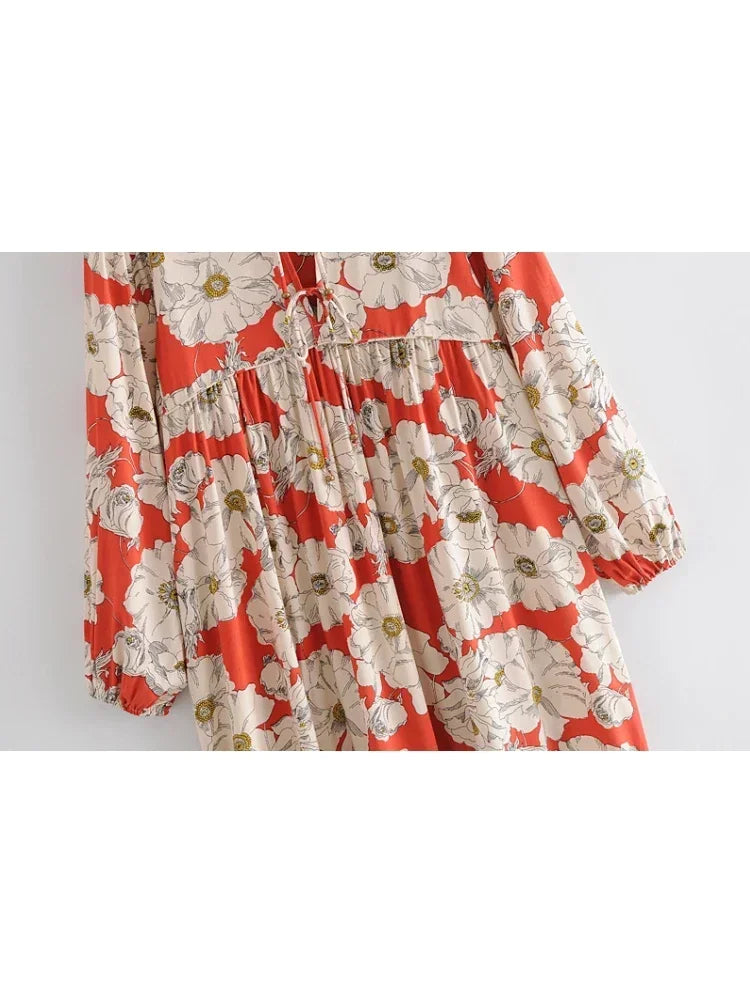 Ethnic Multi Floral Print Vintage Chic Women Long Sleeve Tie Neck Beach Bohemian Maxi Dresses Ladies Rayon Boho Dress Vestidos