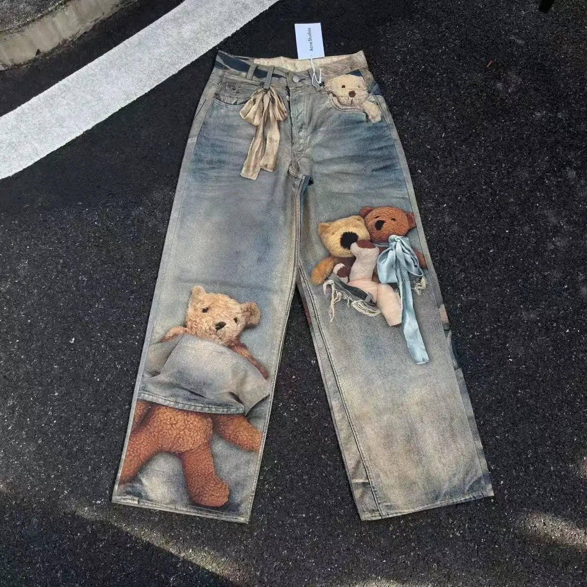 Retro Anime Jeans Y2K Clothing Mens Womens Hip Hop Anime Character Graphic Print Blue Baggy Jeans Casual Trousers
