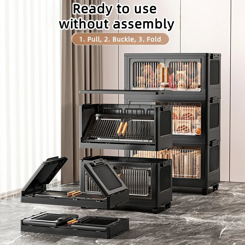 Foldable Clear Double-Door Storage Cabinet Large Space-Saving Mobile Organizer Dustproof Moisture-Proof for Kitchen Living Room
