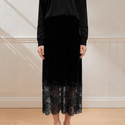 Elegant Black Velvet Midi Skirt Women Autumn Winter High Waist Lace Patchwork Sheer Hem A-Line Long Skirts Vintage Gothic Party