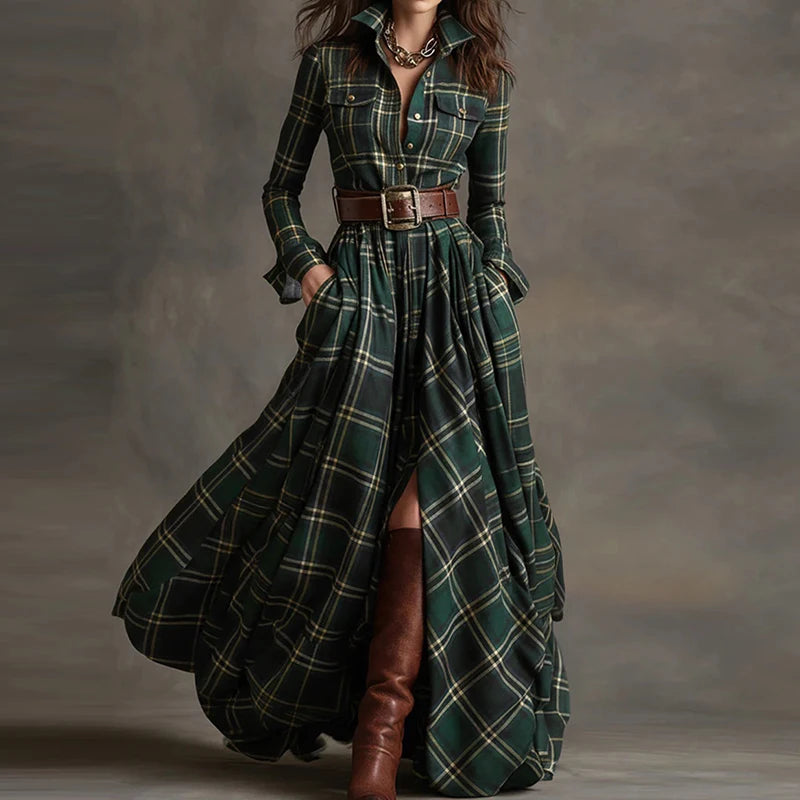 New Women's Lapel Plaid Printing Slim Fit Dress Autumn Long Sleeve Fashion Chic Party Dress with Buttons Elegant Ladies Dresses