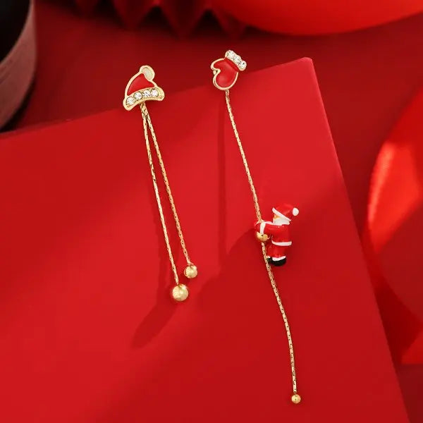 Christmas Asymmetrical Santa Claus Long Tassel Earrings for Women Elegant Snowflake Xmas Tree Elk Earrings Party Jewelry Gifts