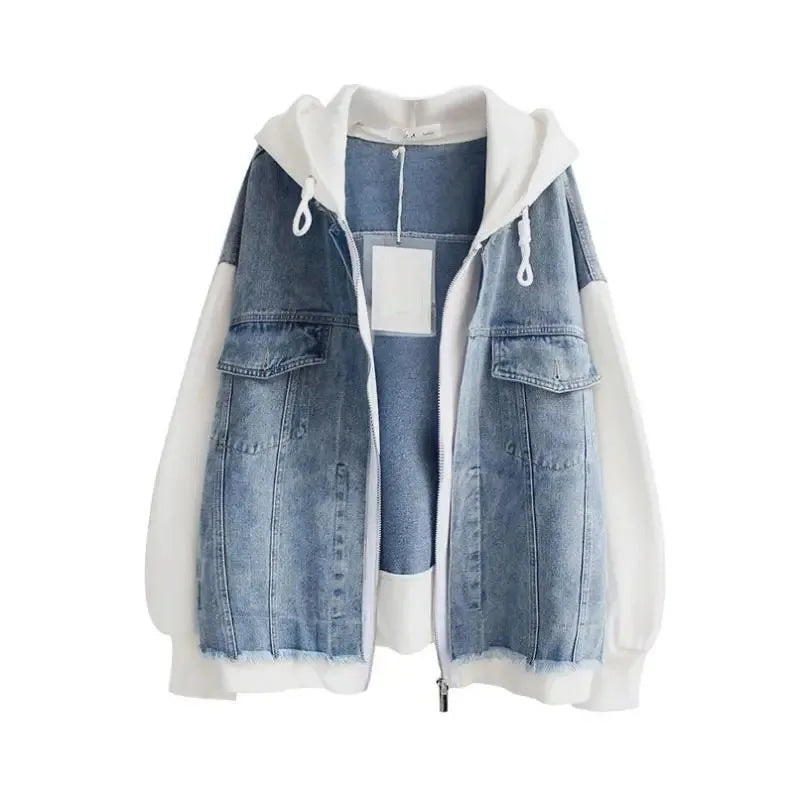 2025 Spring Autumn New Fake Two Piece Denim Jacket Women Loose Splicing Cardigan Hooded Baseball Coat Female Casual Ladies Tops