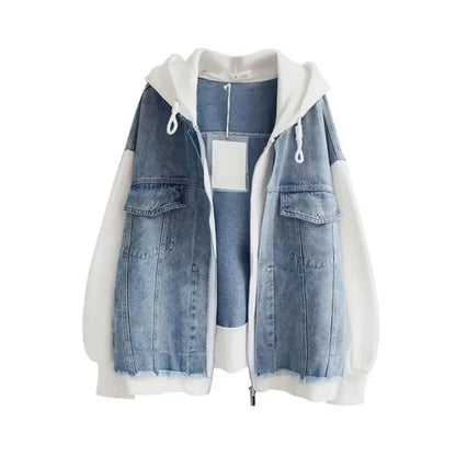 2025 Spring Autumn New Fake Two Piece Denim Jacket Women Loose Splicing Cardigan Hooded Baseball Coat Female Casual Ladies Tops