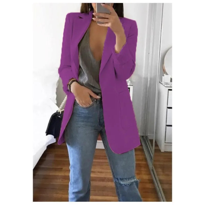 Autumn And Winter Women's Fashion Solid Color Polo Neck Slim Fit Coat Elegant Women's Long Sleeve Pocket Casual Suit Coat S-3XL