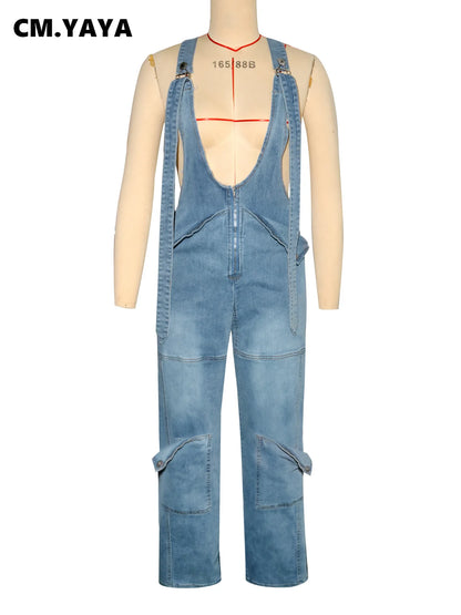 CM.YAYA Women Safari Style Ripped Out Multi Pocke Wide Leg Overalls Denim Pants 2024 Summer Street Fashion Cargo Jeans Trousers