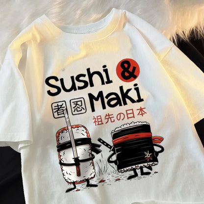 Theduc Sushi and Sushi Printing Men Women Tshirt Cotton T-Shirts Loose T Shirt Crewneck Loose Tops Fashion Clothes Unisex