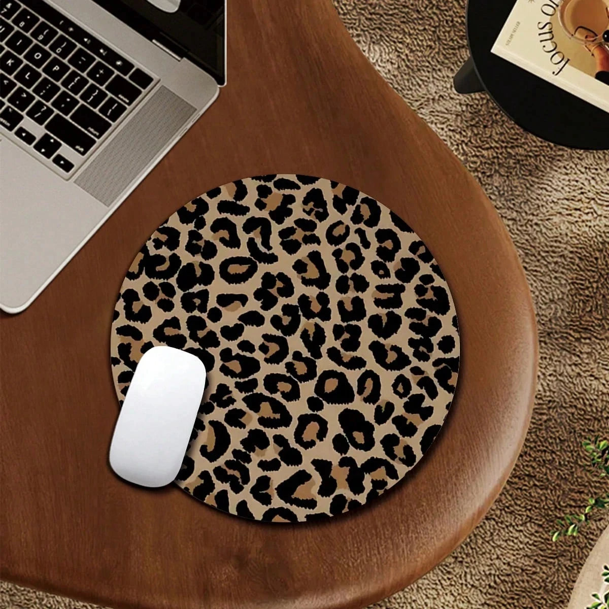 1 leopard print animal cartoon mouse pad, circular office desk mouse pad with anti slip rubber base, office desk accessories